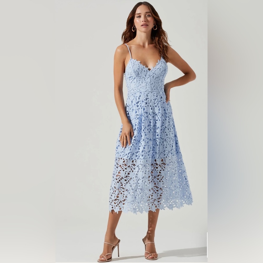 ASTR The Label Lace A Line Midi Crochet Dress in Periwinkle Blue.